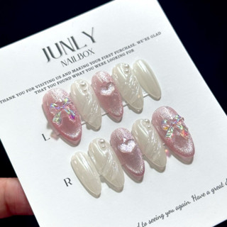  Nailbox mắt mèo hồng trắng JUNLY - nail box thiết kế móng giả cực quang trái tim hồng đơn giản 528 