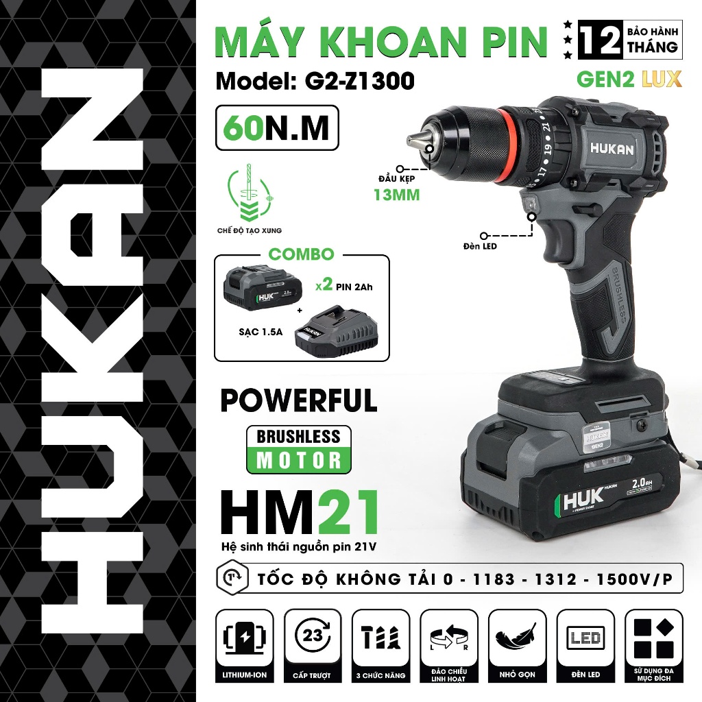 Khoan pin HUKAN G2-Z1300 / Lực siết 60Nm / 3 chức năng / đầu kẹp 13mm auto lock / Có tạo xung