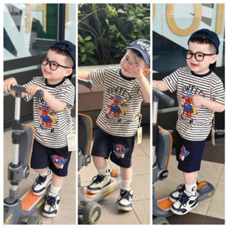 Bộ đùi cộc tay bé trai, áo kẻ in team chó cứu hộ chất liệu cotton, quần chân cua cho bé từ 9 đến 28kg
