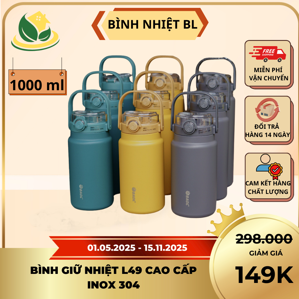 Bình Giữ Nhiệt L49 Cao Cấp inox 304 - Dung Tích 1000ml/1200ml/1500ml - Giữ Nhiệt Lâu, Đủ Màu, Thiết Kế Sang Trọng