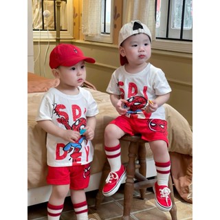 Bộ đùi cộc tay bé trai, Bộ nhện áo trắng quần đỏ spidey chất kiệu cotton mát, thấm hút mồ hôi cho bé từ 9 đến 25kg
