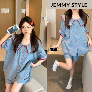 Set đồ nữ, bộ đồ ngủ tay ngắn cổ sen tay bo chun viền bèo họa tiết chấm bi trẻ trung HCOM25135