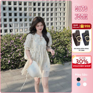 Váy nữ cộc tay ren hoa nhí xanh buộc dây nơ cổ V, đầm nữ babydoll dáng ngắn phong cách tiểu thư Jeansuto HCOM25204