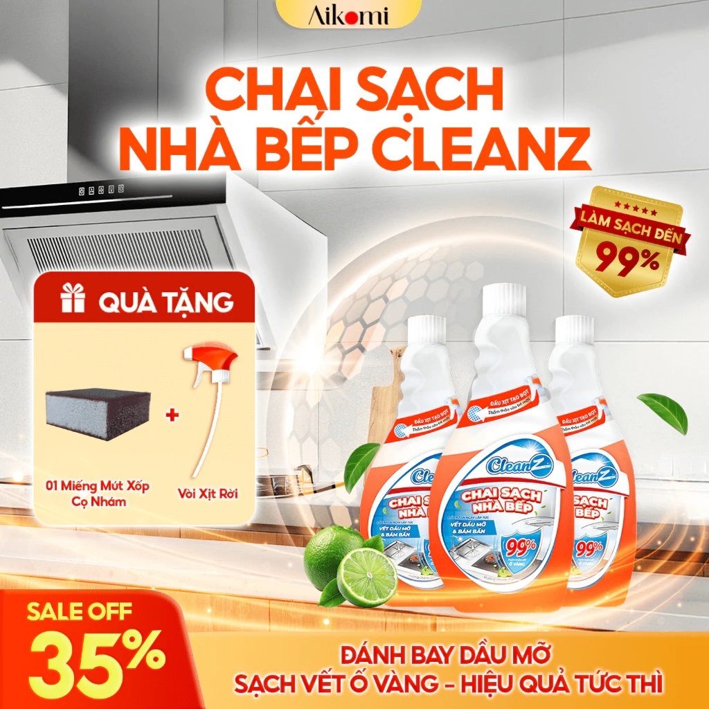 Combo 3 Chai Xịt Tẩy Sạch Nhà Và Bếp Cleanz Aikomi 450ML (Làm Sạch Dầu Mỡ, Vết Ố Vàng, Thơm Mùi Chan