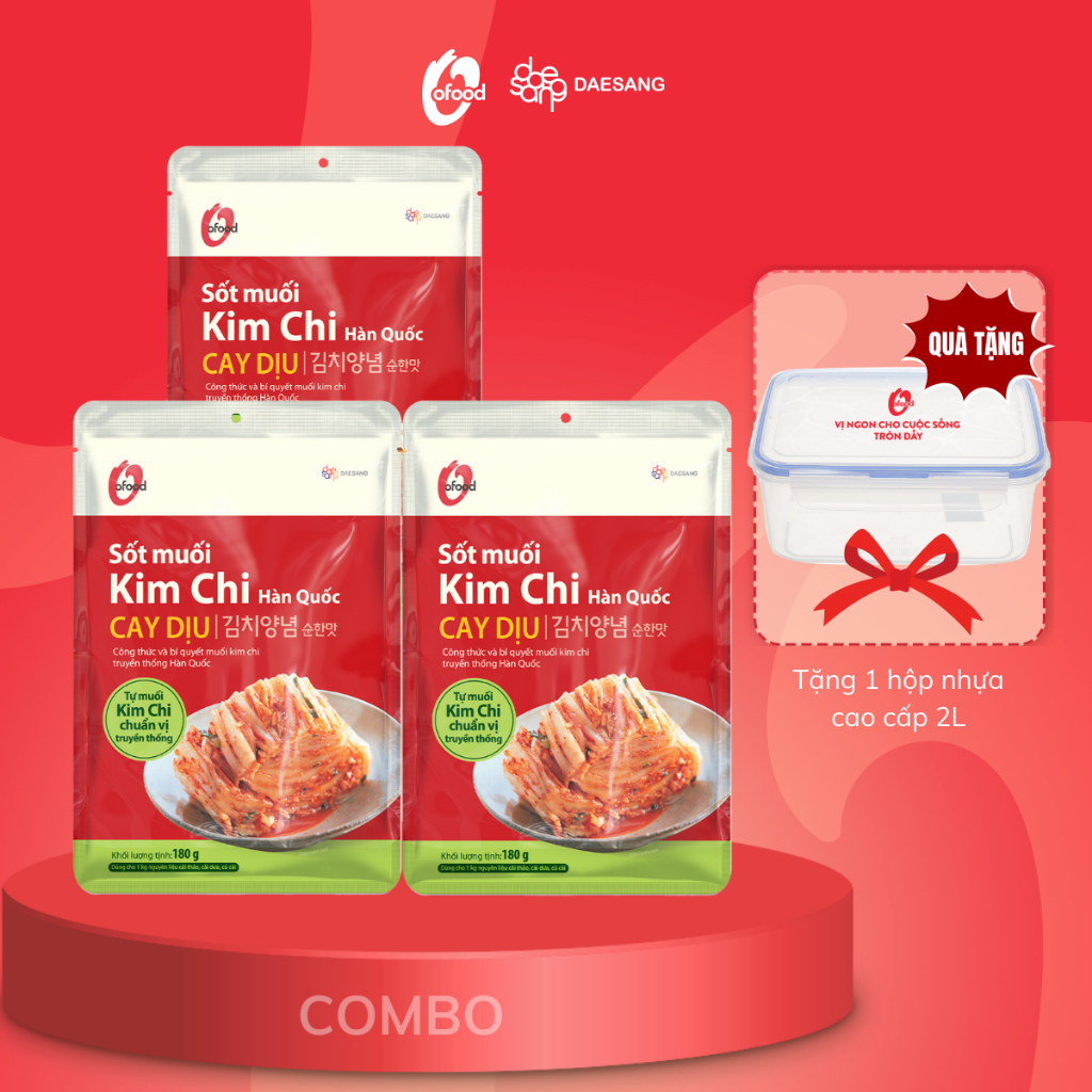Combo 3 gói sốt muối kim chi cay dịu O'food 180g / gói tặng 1 hộp nhựa cao cấp 2L hoặc 1 gói sốt muối kim chi cùng loại