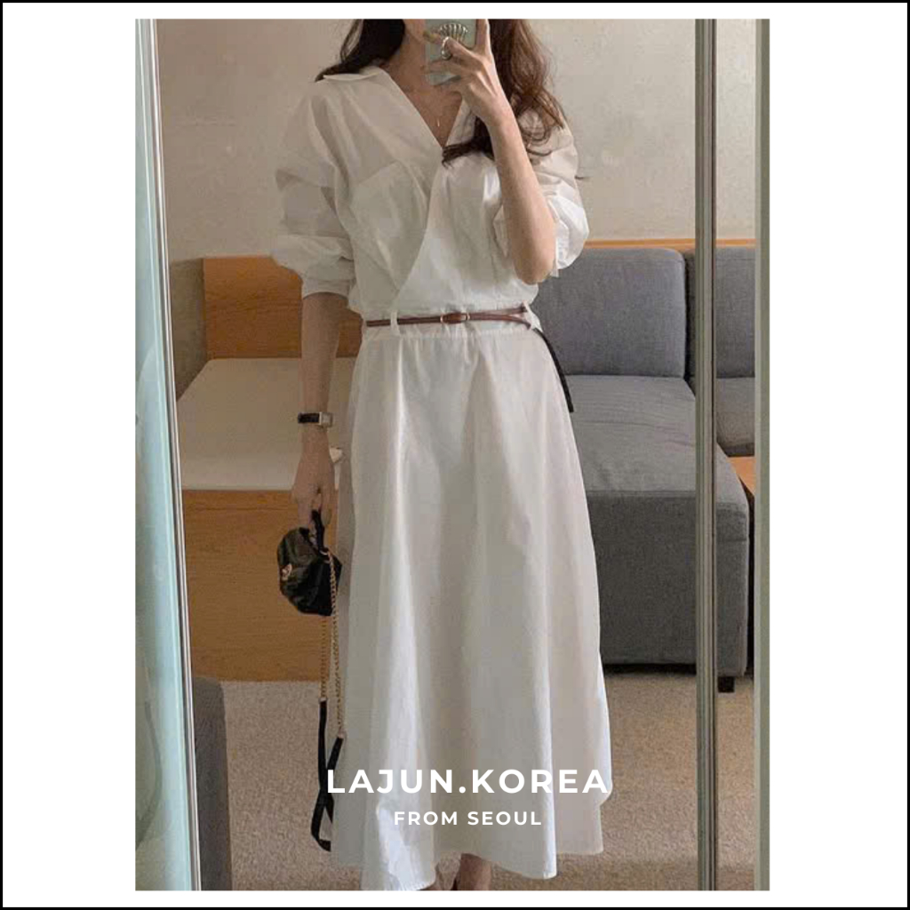 [LAJUN KOREA] Váy Dài Dearest Kèm Belt Cổ Sơ Mi Đắp Chéo Váy Xoè Nhẹ Tôn Dáng Chất Liệu Cotton Hàn Q