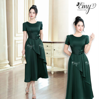 Đầm Dự Tiệc EMY Thiết Kế Cao Cấp Trung Niên EM7520 Dáng Xoè Cổ Tròn Tay Ngắn Màu Đen Vải Mango Gân