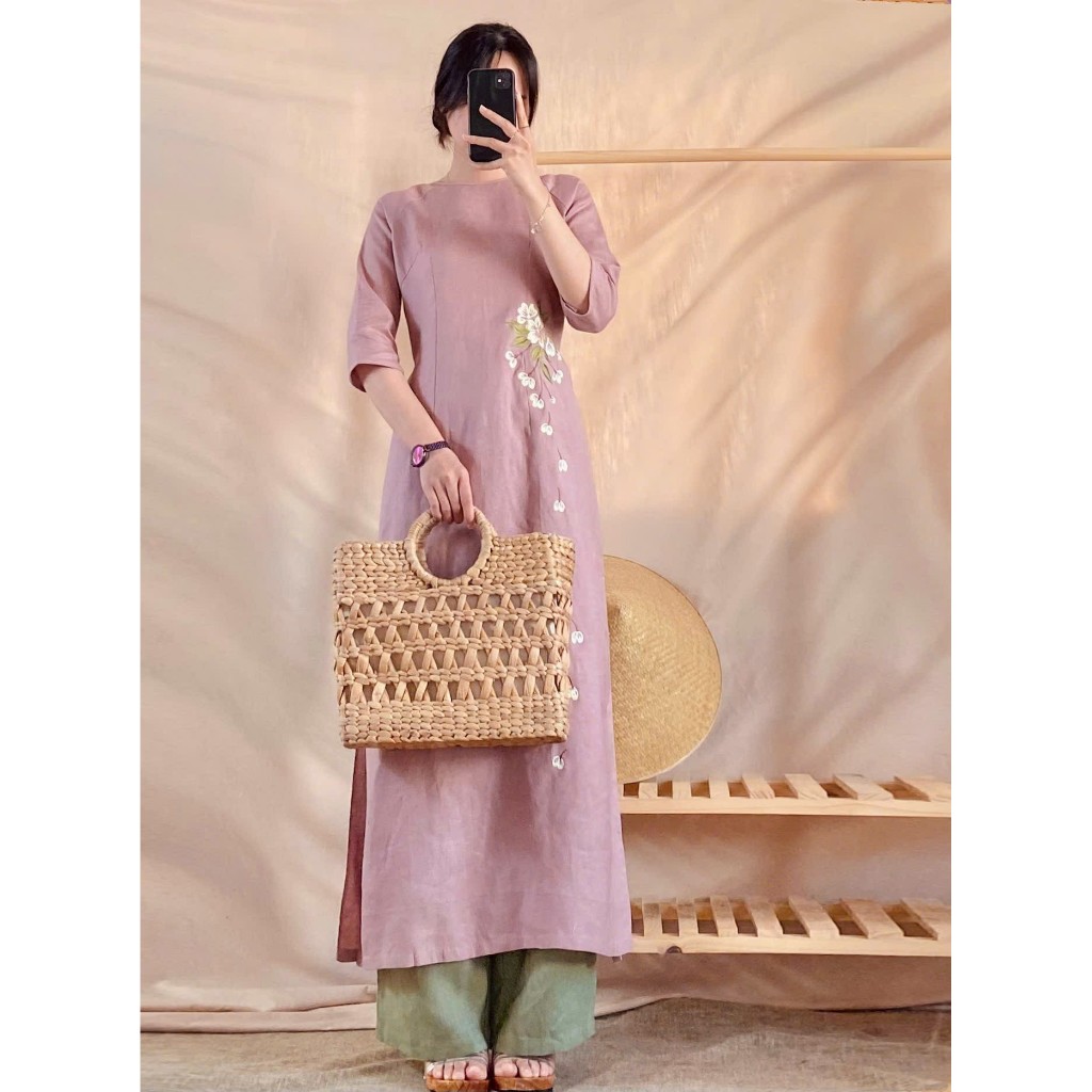 Set áo dài cách tân linen  thêu hoa tím dáng suông  tay lỡ _ SE8034