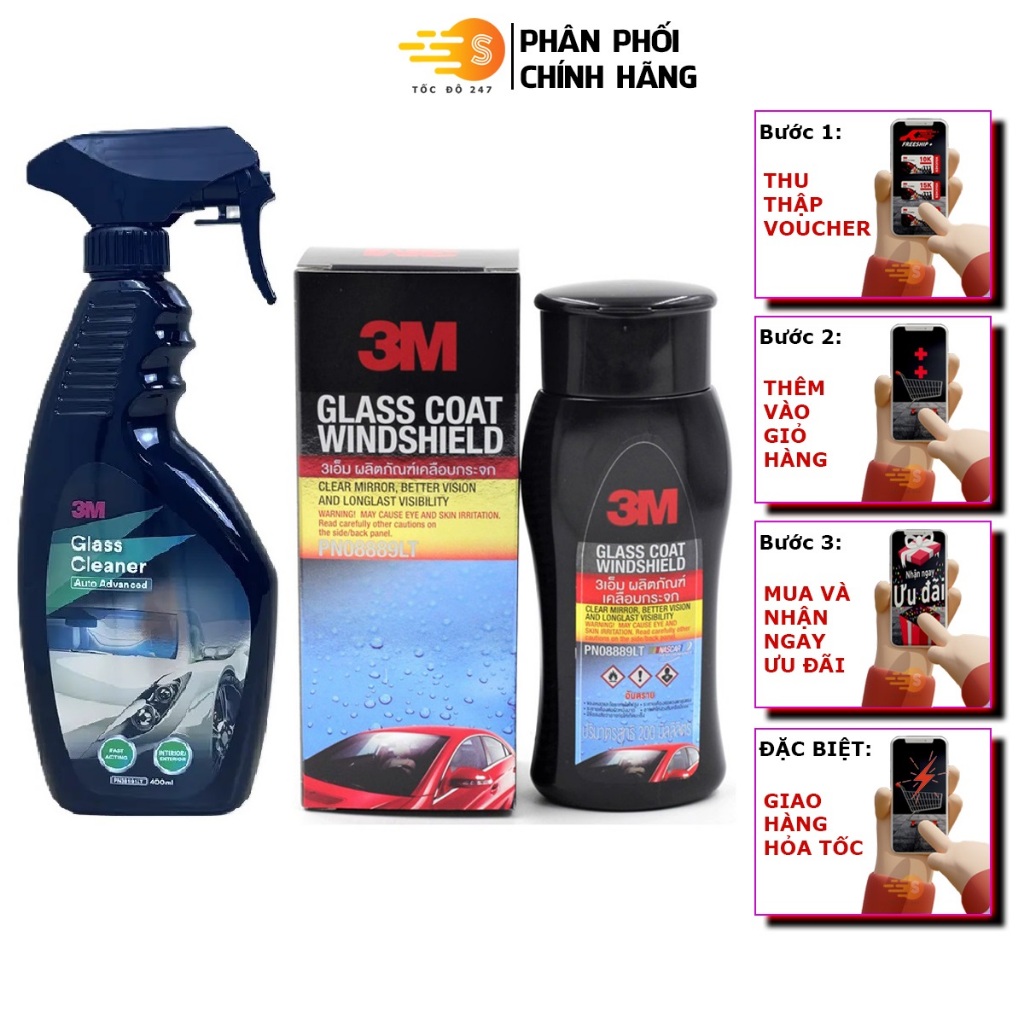 Bộ 2 Dung dịch chống bám nước trên kính xe 3M 08889LT và dung dịch rửa kính ô tô 3M PN38191LT