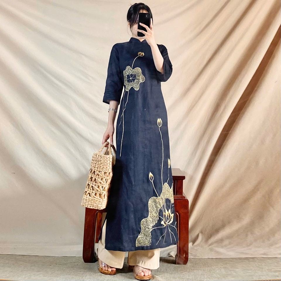 Bộ áo dài thêu hoa sen xanh linen _SE8044