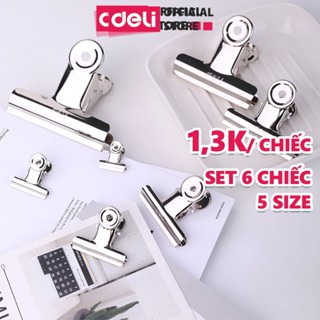 Set 6 chiếc kẹp bướm, Kẹp kim loại đuôi tròn Deli, Kẹp giấy tài liệu văn phòng 19mm 29mm 38mm 51mm