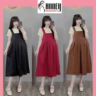 Đầm Bầu Váy Yếm Bầu Dáng Dài Áo Cộc Tay Mùa Hè Vải Chéo Hàn Hai Dây Bản To Basic Trẻ Trung Năng Động HD1618 Honey Mommy