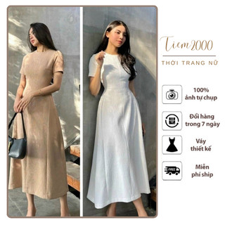 Đầm Váy Midi Thiết Kế Cổ Tròn Tay Ngắn Dáng Xoè Sang Trọng Lịch Sự Phù Hợp Mặc Đi Làm Đi Chơi