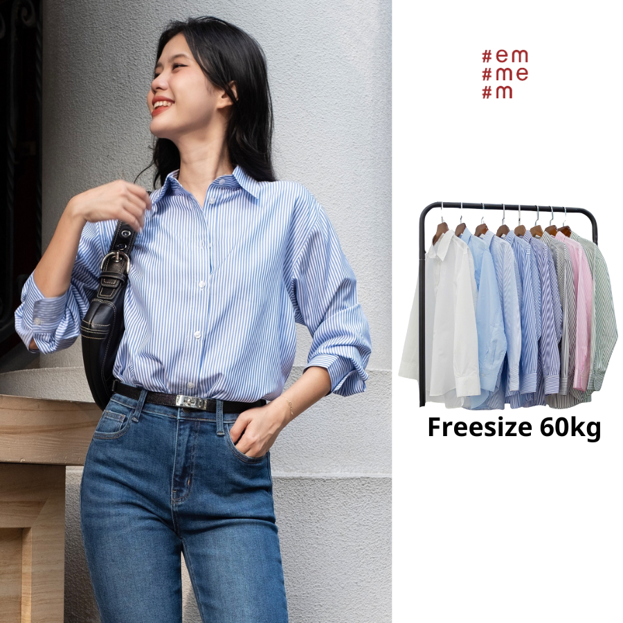 HASHTAGEM - Bộ Sưu Tập Áo Sơ Mi Tay Dài Chất Kate Ít Nhăn Freesize Dưới 60kg Màu Trơn Sọc Trắng