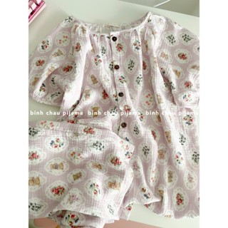  Đồ bộ ngủ nữ Bình Châu chất liệu xô muslin mềm mại họa tiết gấu hoa phong cách retro 