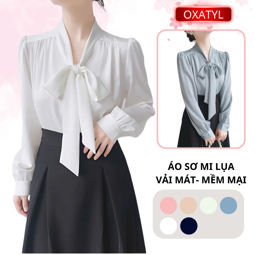 Áo sơ mi nữ cổ nơ Oxatyl A13 phong cách công sở thời trang chất vải lụa mát