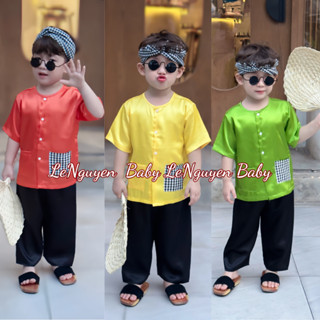 Bộ quần áo trẻ em (7-43kg) [KHÔNG KÈM KHĂN] Bộ quần áo bà ba túi caro chất Lụa mềm mái cho bé