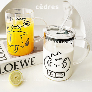 Cốc thuỷ tinh 1000ml chia vạch cỡ lớn có quai chịu nhiệt hoạ mèo lười đáng yêu ly văn phòng có nắp và ống hút Cedres