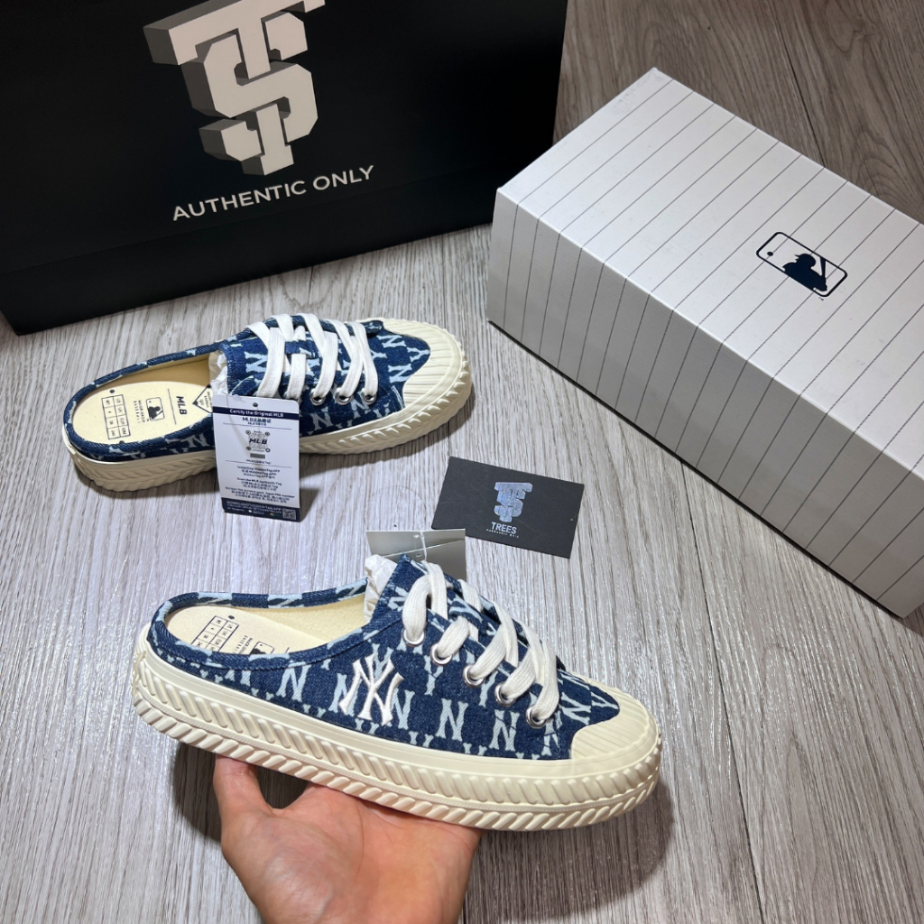 [XẢ HÀNG MLB STORE] GIÀY MLB CHÍNH HÃNG MULE MONOGRAM DENIM NAVY 32SHSD111 50N Full Box Tag check hi