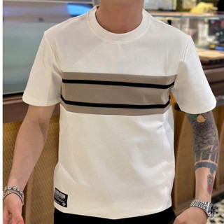 Áo thun nam ngắn tay cổ tròn phối sọc viền ngang vải cotton dày dặn co giãn fom vừa genz áo không cổ nam VB007