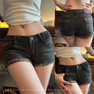 (sẵn) Quần short jean đùi ngắn cạp trễ thấp màu đen viền da beo cá tính QSN003 - Tiktik