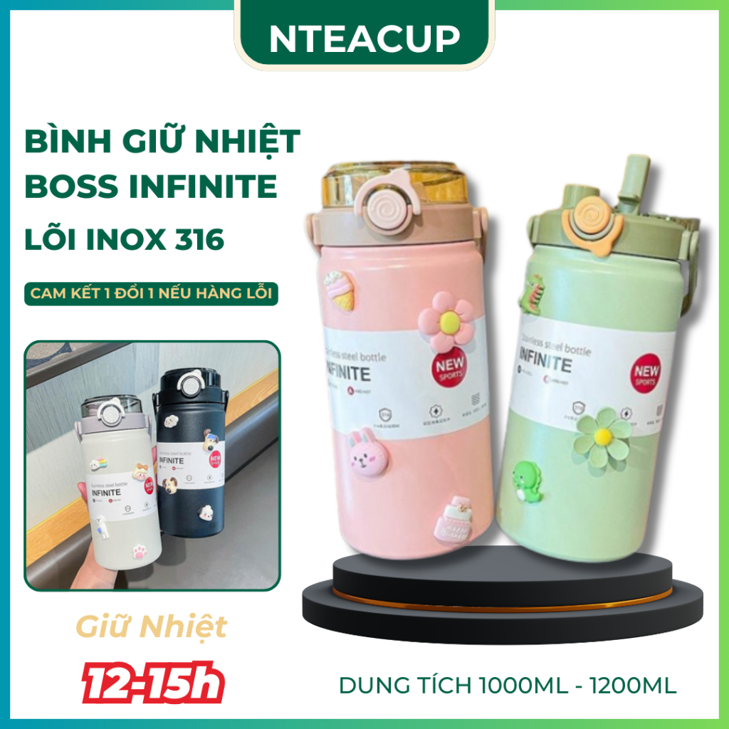 Bình giữ nhiệt Boss có ống hút 1200ml lõi inox 316 giữ nhiệt 10-12 tiếng
