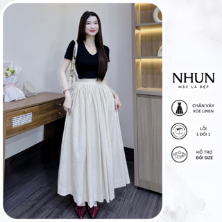Chân váy dài linen NhunFashion chân váy xòe dài thiết kế xếp ly cạp khóa dài 90cm N138