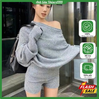 Set Áo Len Trễ Vai Cánh Dơi Mix Quần Short Ôm Body Chất Len Tăm Dày Dặn Nữ Tính NA550