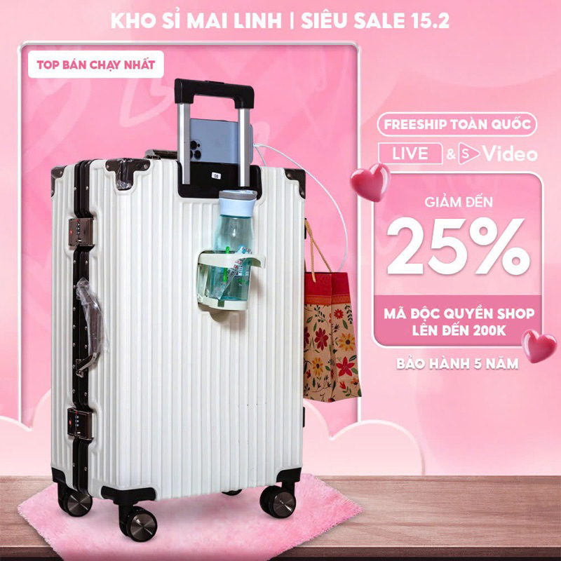 [BẢN CAO CẤP ❤️}Vali khung nhôm khoá sập cao cấp có khay để nước, cổng sạc usb, 2 ngăn khoá kéo kín - TẶNG KÈM BỌC VALI