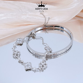 Set Lắc Tay Cỏ Bốn Lá Kèm Vòng Tay Trơn Đính Đá Titan Không Gỉ MINS GEM Dài 15cm Và 19cm Nữ Tính Thanh Lịch - FVT03