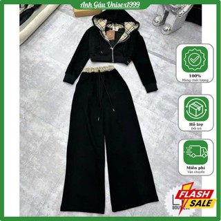 Set Áo Khoác Nỉ Croptop Lót BBR Phối Quần Ống XUông, Dày Dặn, Sexy Girl