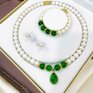  Bộ Trang Sức Ngọc Trai Bạc 925 Mạ Vàng 9ly Mix Đá Xanh Sang Trọng Làm Quà Tặng - Ngọc Trai Trường Thịnh 