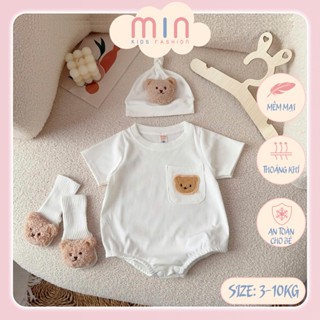Set body chip gấu kèm mũ và tất cho bé trai, bé gái 3-10kg, body cho bé vải cotton mềm mát, co giãn tốt. Min Kids