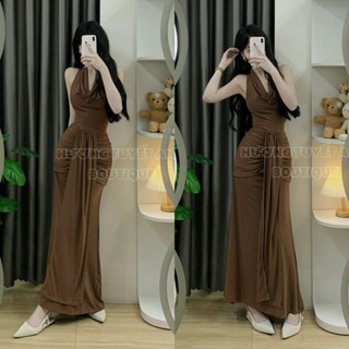 [ ẢNH THẬT BY HTA ] Váy body nữ form dài , Váy body yếm cổ đổ hở lưng nhún hông vạt dài form dài sexy dự tiệc