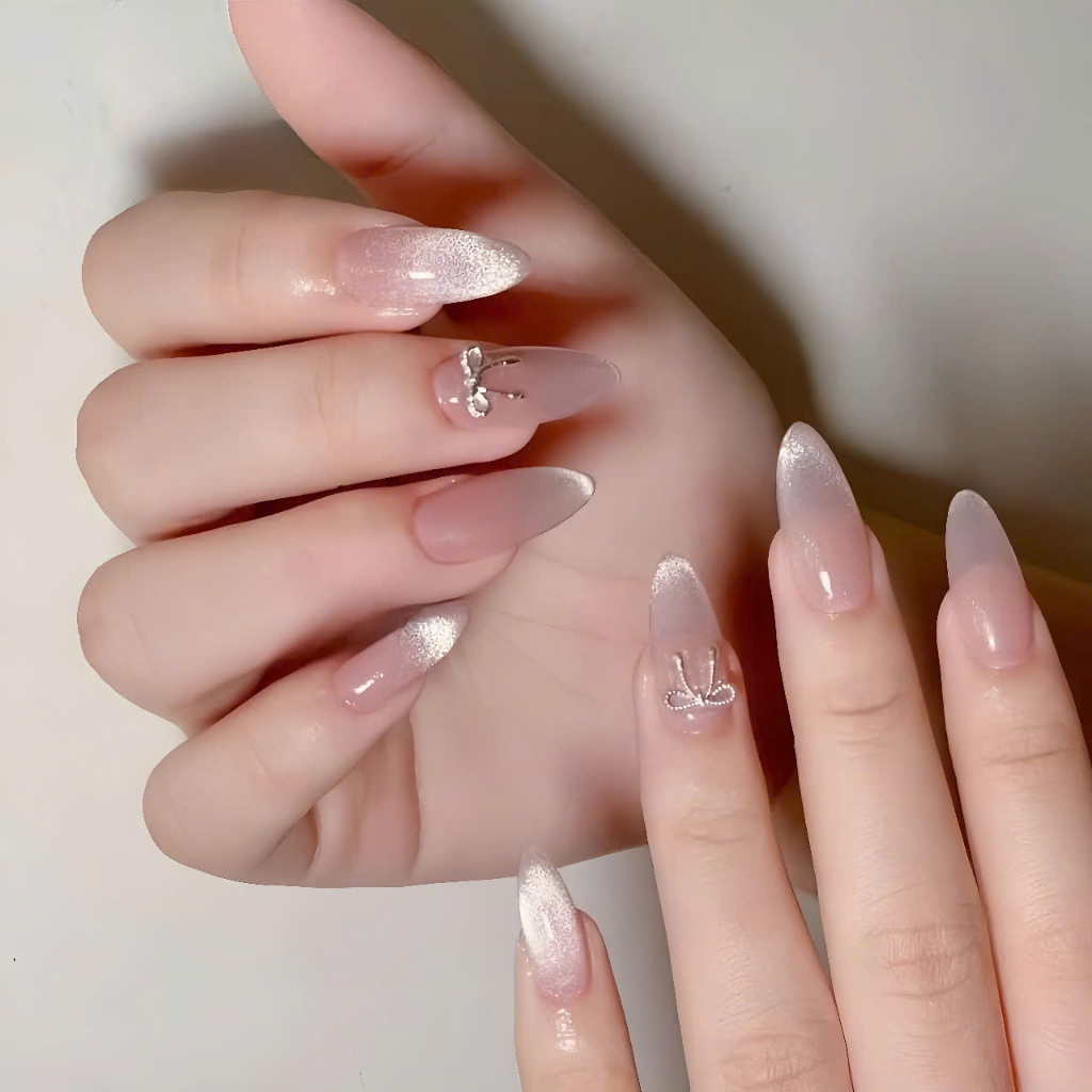 [LA56] Nailbox thiết kế sơn thạch mắt mèo hồng thạch đính charm nơ xinh