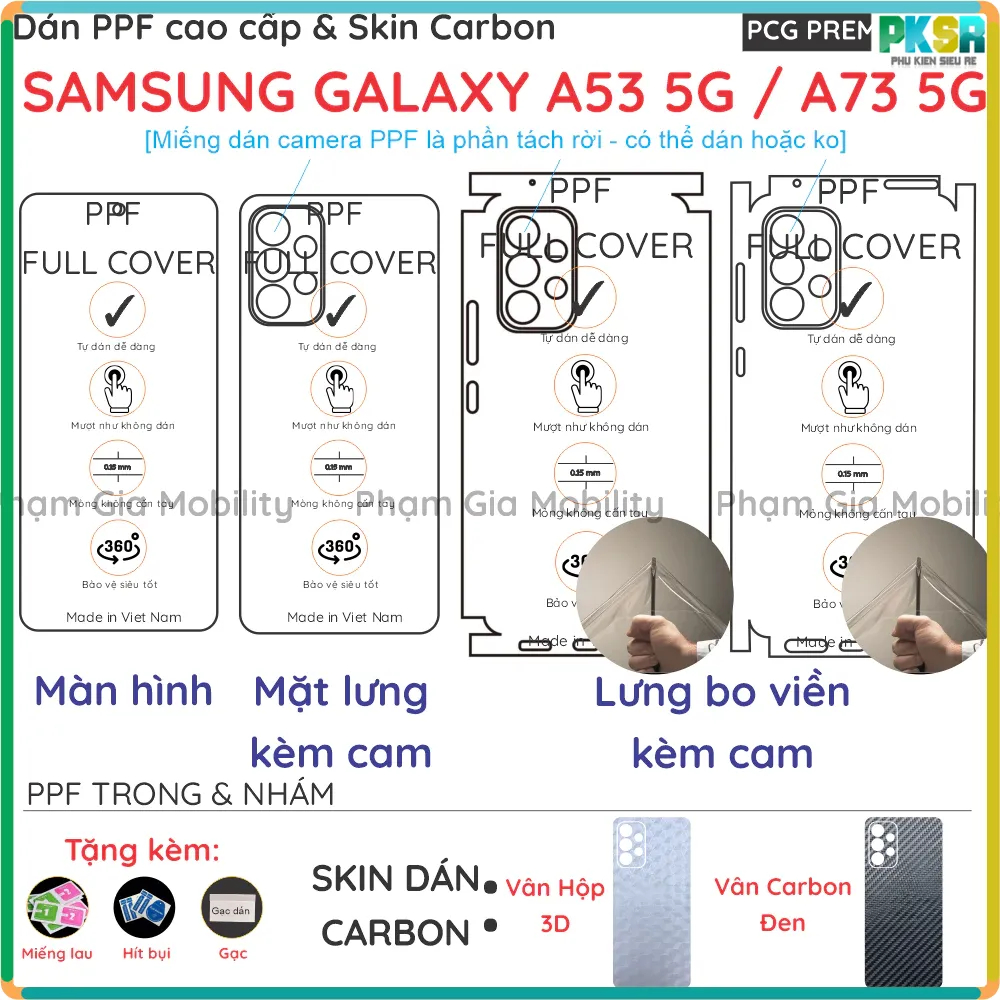 Dán PPF và Skin Carbon Samsung Galaxy A53 5G/ A73 5G cho màn hình, mặt lưng, lưng bo viền loại trong