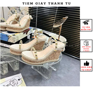 (321-65) Sandal nữ đế xuồng viền cói quai đinh tán đế 9cm hàng QC fullbox
