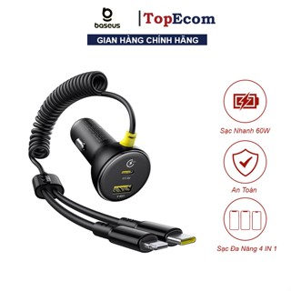 Tẩu Sạc Nhanh Ô Tô Baseus 60W 4 trong 1, Kèm Dây Lò Xo Co Giãn Sạc Điện Thoại