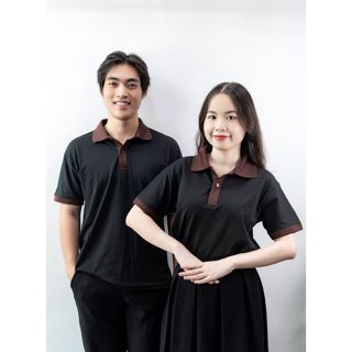 Áo thun cổ trụ nam nữ thương hiệu Misa cao cấp màu Đen cổ Nâu trơn - Chất vải Cá sấu Poly Thái