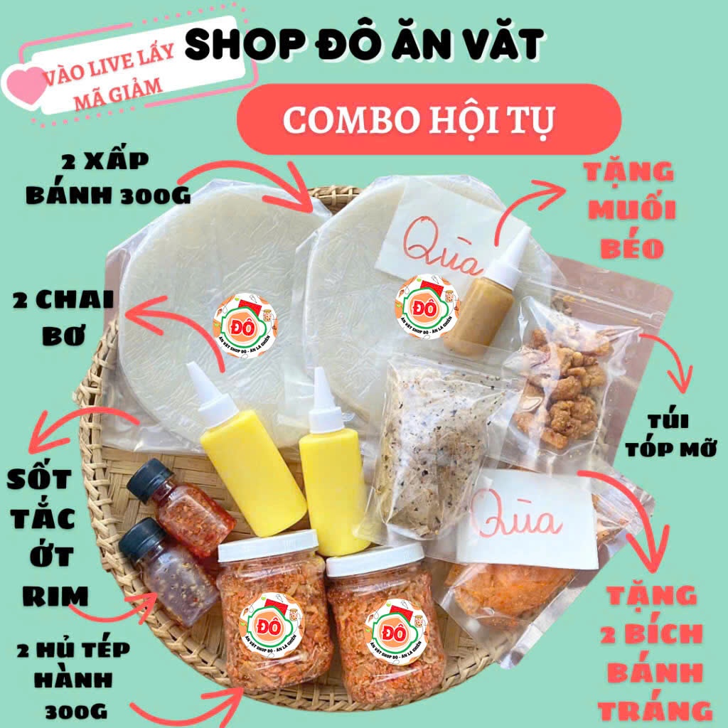 COMBO Bánh tráng phơi sương rẻ Bánh Tráng + Muối Tôm Hành Phi + Bơ béo+ Sốt tắc LIVE ăn vặt shop đô