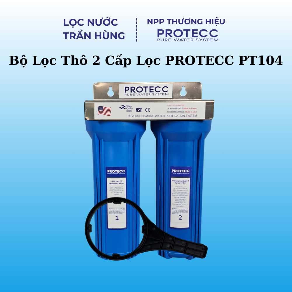 Bộ Lọc Thô 2 Cấp Lọc PROTECC PT104 10 Inch - Lọc Nước Giếng Phèn, Nước Máy, Kim Loại, Canxi, Nâng pH