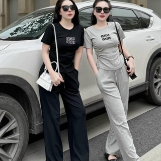 Sét bộ nữ áo thun ngắn tay rúm eo Miumiu phối quần ống suông phong cách trẻ trung dáng dài hottrend 2025
