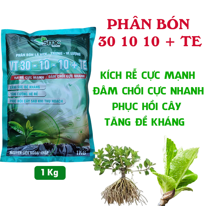 Phân bón lá 30-10-10 + TE SMC gói 1kg, kích rễ cực mạnh, đâm chồi cực nhanh, phục hồi cây suy và sau thu hoạch