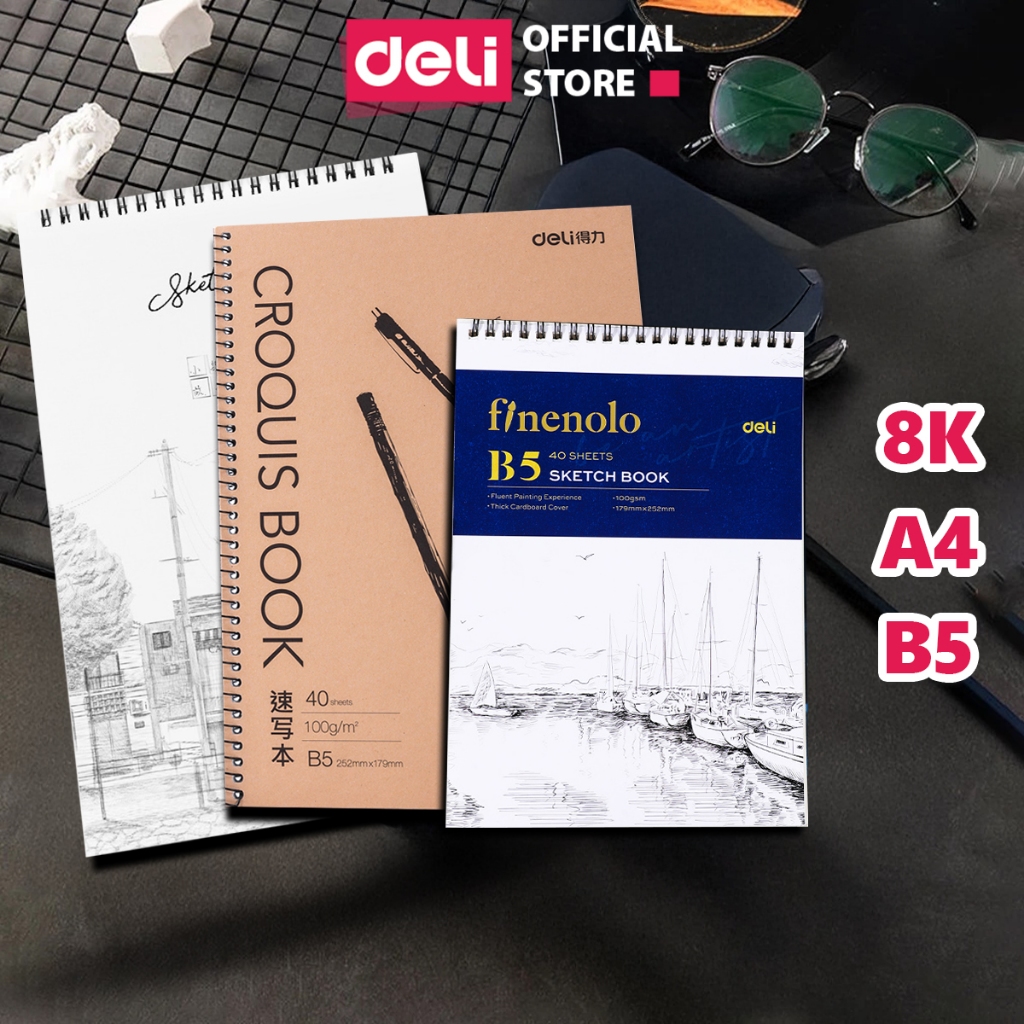 Sổ Vẽ Phác Thảo A4 A3 B5 Sketchbook Deli - 110/100gsm 80 trang Giấy Vẽ Chì Phác Họa Sketchnote Giấy Mịn