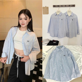 Áo sơ mi nữ tay dài kẻ sọc xanh thêu nơ ulzzang QC cao cấp thời trang phong cách dễ phối đồ CT17