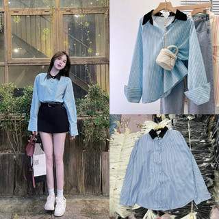Áo Sơ Mi Nữ Kẻ Xanh Dài Tay Phối Cổ Đen Thời Trang Phong Cách Hàn Quốc Dễ Phối Đồ CT13