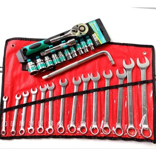 [Tặng cần L] Combo sửa chữa xe gồm 1 bộ tuýp 12 chi tiết 1/2"+ 1 bộ cờ lê 8-24