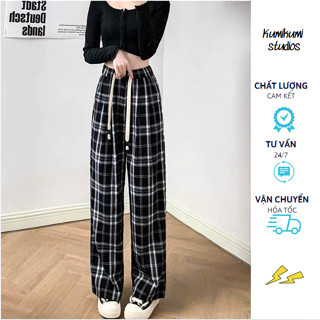 Quần kẻ caro nữ ống suông rộng  -HÀNG MAY KỸ- Cạp Bản To - Quần dài nữ karo mặc nhà form rộng