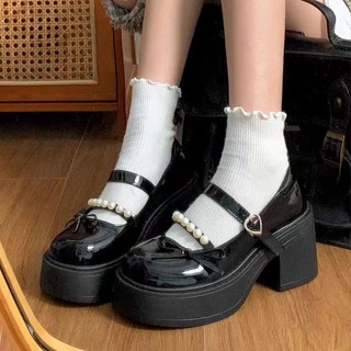 [FORM TO CHÂN GÀY MỎNG LÙI 1 SIZE] Giày Vintage Mary Jane Búp Bê Lolita Nữ Phối Nơ Ngọc Cài Quai Da Bóng Cao Cấp 23