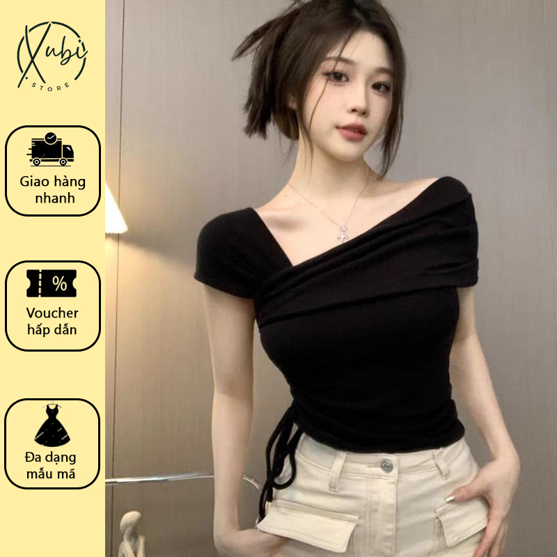Áo Trễ Vai Nữ Ngắn Tay, Áo Thun Lệch Vai Phối Dây Rút Eo Dáng Ôm Tiểu Thư Co Giãn Tôn Dáng - Z85